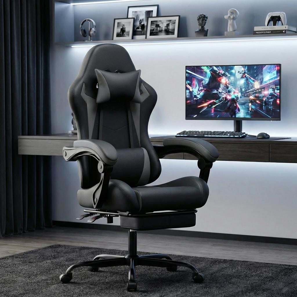 Gaming Chair Ergonomic Gaming Chair with Lumbar Cushion and Headrest, Gamer Chair Height Adjustable, PC Chair for Adults Girls Boys, Black-Grey