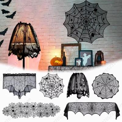 Halloween Tablecloth Black Lace Spider Web Tablecloth Fireplace Mantel Cloth Bat Spider Table Flag Lampshade Halloween Decor