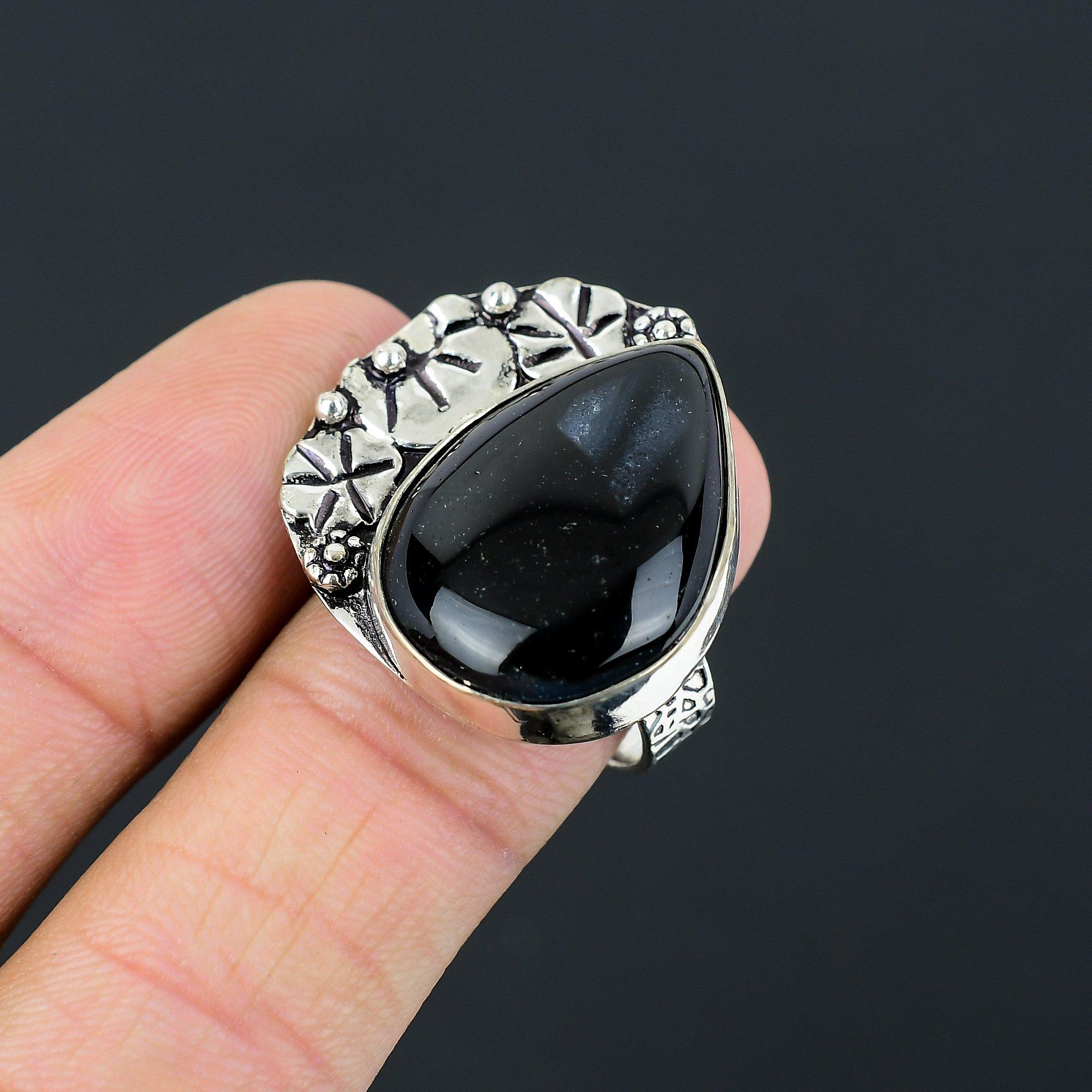 Natural Black Onyx Gemstone 925 Sterling Silver Promise Ring Size 9 For Women 9