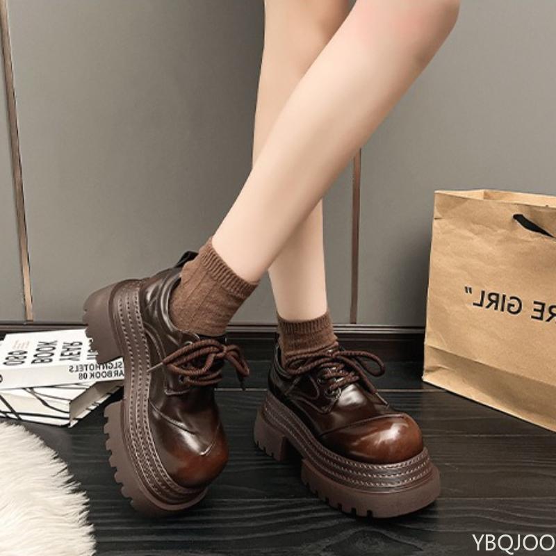 Autumn and Winter New Retro Thick Soled Height Increasing Loafers for Women with Sponge Sole Splicing Women's Single Shoes