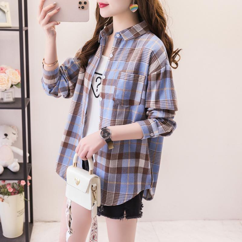 Camisa holgada de manga larga a cuadros para mujer, estilo coreano, chaqueta informal y versátil para estudiantes para primavera y otoño, talla grande, algodón