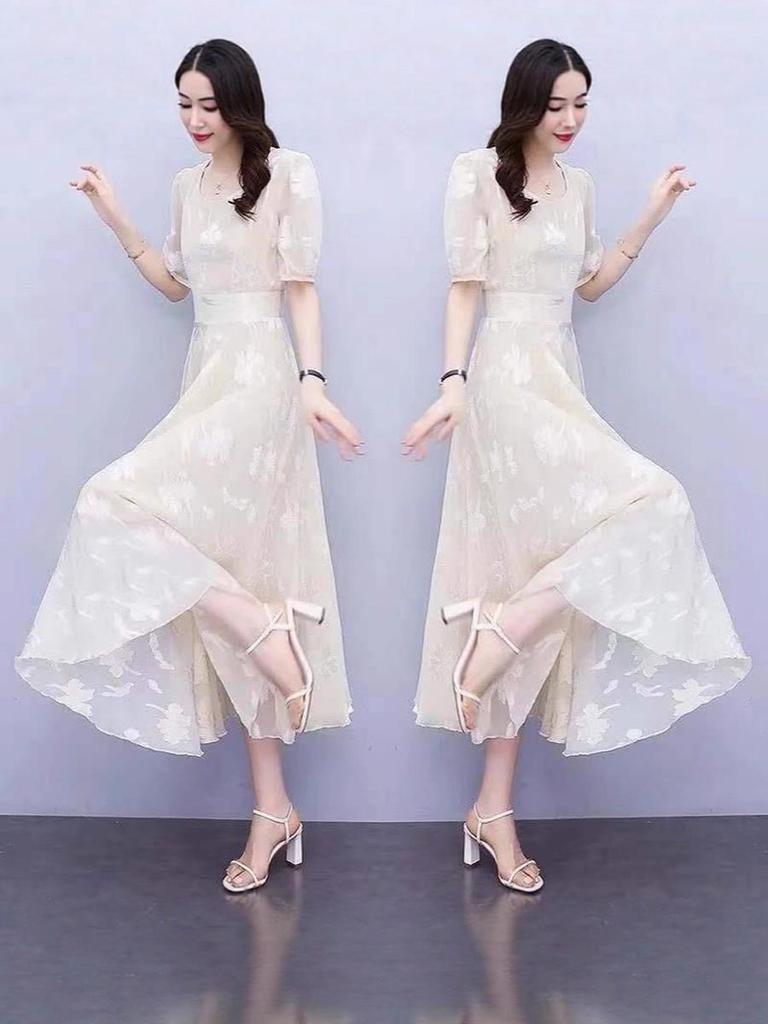 Vestido de Gasa Nuevo de Verano para Niñas, Estilo Francés Maxi Vestido con Mangas Abullonadas para Adelgazar la Cintura