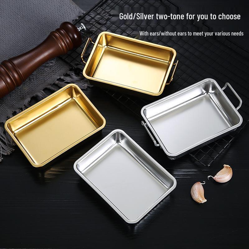 304 Stainless Steel Korean Style Square Snack Plate with Handles - Golden Fried Chicken, French Fries, Cold Dishes, or Desserts
