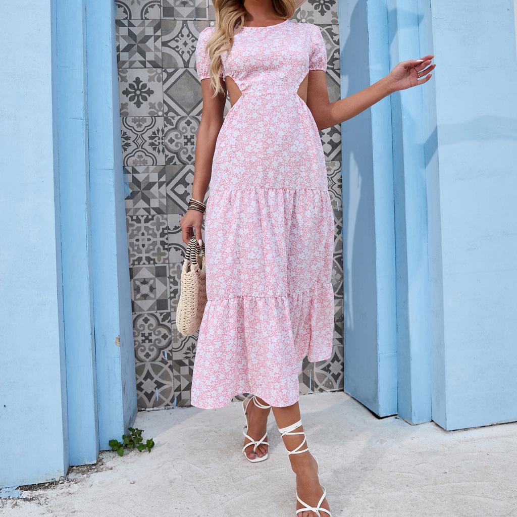 Damska letnia kwiecista seksowna szyfonowa bez pleców sukienka plażowa z dużą huśtawką S-XL