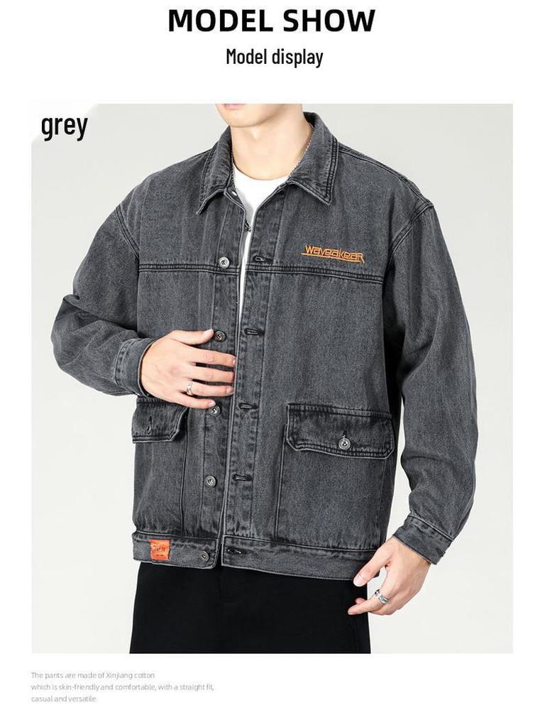 Men's Functional Embroidered Denim Jacket - Autumn/Winter Loose Fit, Japanese Trend, Plus Size Outerwear