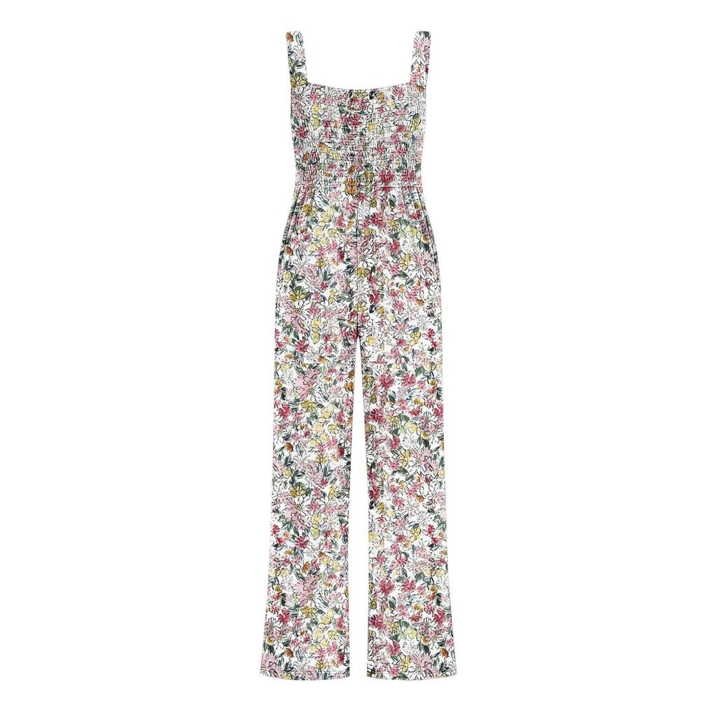 Jumpsuit mit weitem Bein und Hosenträgern, plissierten Schultergurten, bedruckter Tasche und Hosenträgern für Damen