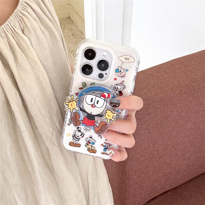 Funny Cute Cartoon Magnetic Phone Case For iPhone 16 Pro 15 13 14 Pro Max Back Cover with Magsafe Stand Holder Shockproof Cases