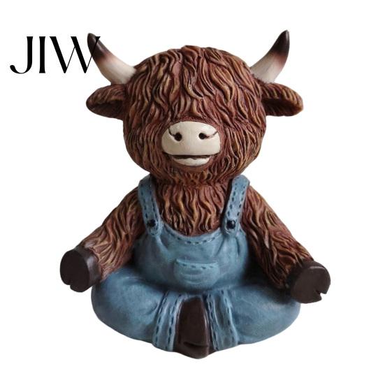 Pastoral Home Accents Yoga Highland Cow Resin Figurine, Farmhouse Style Overalls Statues, Waterproof Crafted Collectibles Garden Ornament for