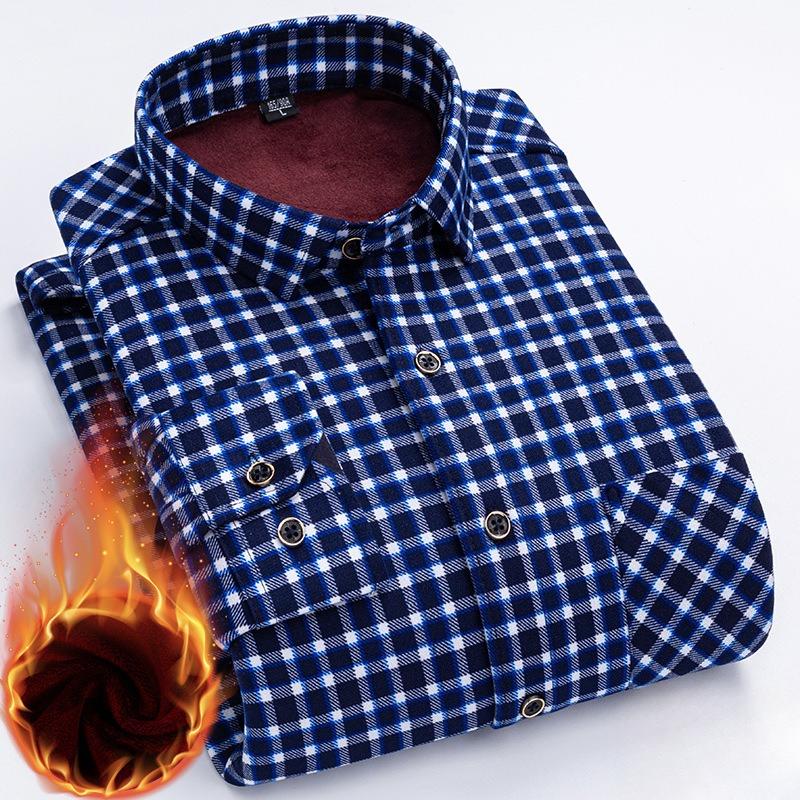 Men's Fleece-Lined Long-Sleeve Shirt Plaid Warm Thickened Shirt for Autumn and Winter