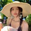 Women's Summer French Style Large Brim Sun Protection Straw Hat with Lace Bow Beach Sun Hat