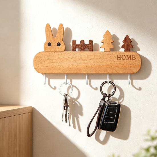 Natural Wood Key Organizer Wooden Holder with 5 Hooks, Cartoon House Theme Organizer, Multi No Drill Hanger Purpose Hanging Rack for Keys Pet Leashes