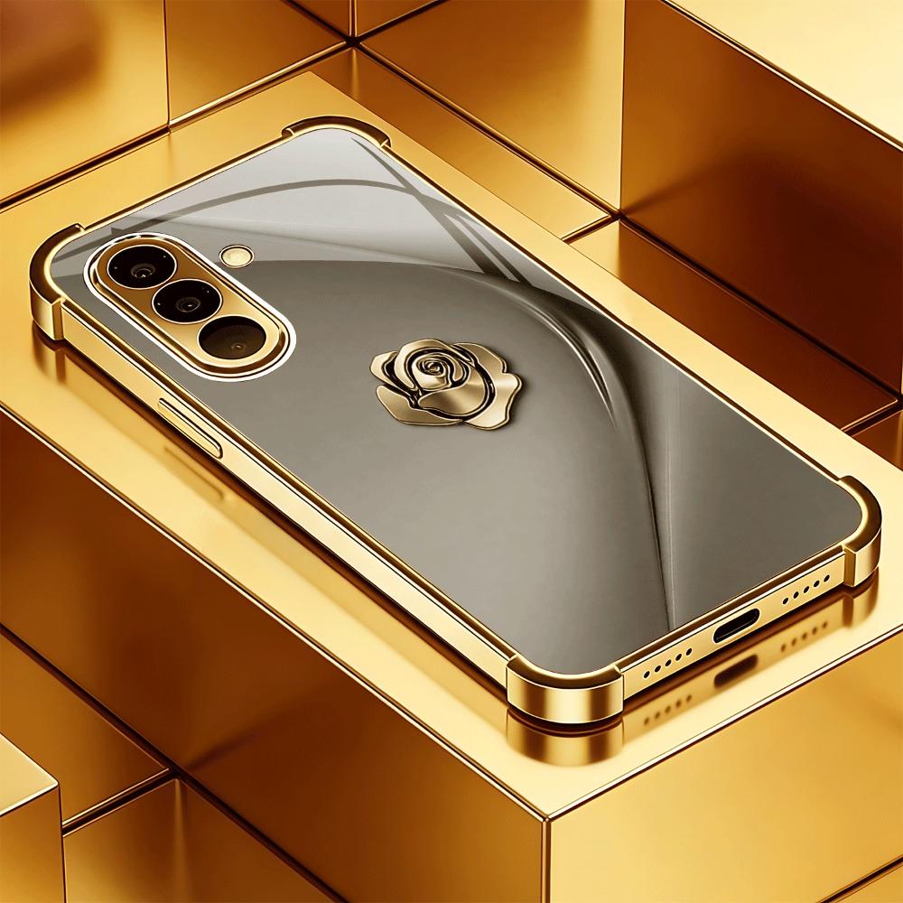 Golden rose badge pattern glass phone case suitable for Samsung Galaxy S26 S25 S24 S22 S21 S20 FE/Ultra/Plus anti drop case