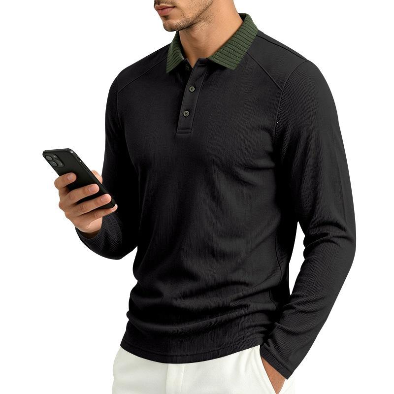 Men S Long Sleeve Polo Shirt Ribbed Collar Solid Color Casual Spring Autumn