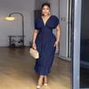 European and American women's clothing summer new fashion V-neck waist slim fit solid color pleated sleeve long dress dress