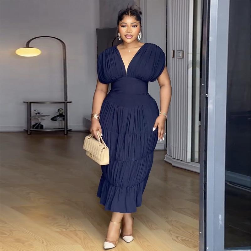 European and American women's clothing summer new fashion V-neck waist slim fit solid color pleated sleeve long dress dress