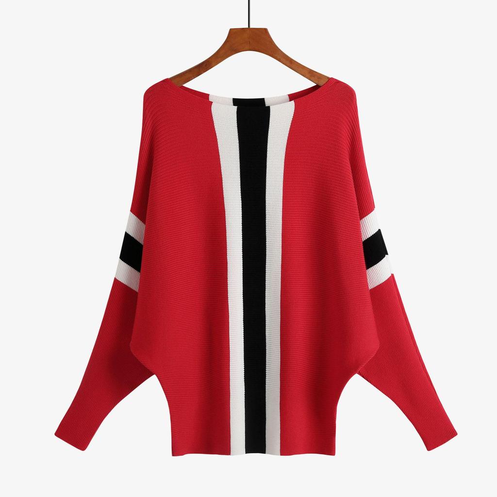 2023 Fall/Winter Women's Plus Size Ribbed Batwing Sweater - One-Shoulder Loose Striped Top