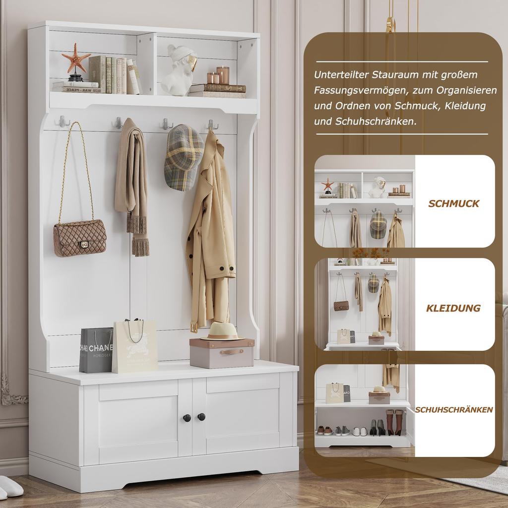 Ensemble de vestiaire pour couloir, Moderne Ensemble de vestiaire pour couloir 4 crochets, Meuble à chaussures, Banc à chaussures, Compartiment ouvert, Meuble d'entrée pour entrée, Blanc