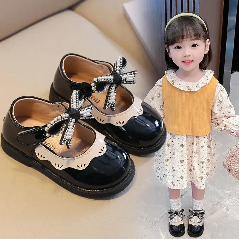 Spring Summer Girl's Shoes Beading Bow-tie Baby Girl Shoes Crystal Princess Dress Shoes Bordered Children Footwear F02262