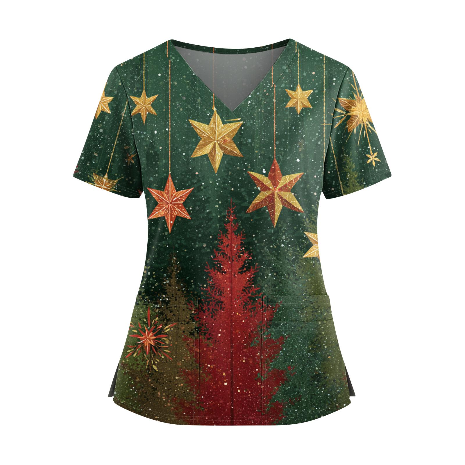 

Women s Christmas Printed V-Neck Double Pocket Short Sleeves Hem Slit Uniform Caregiver Top XL