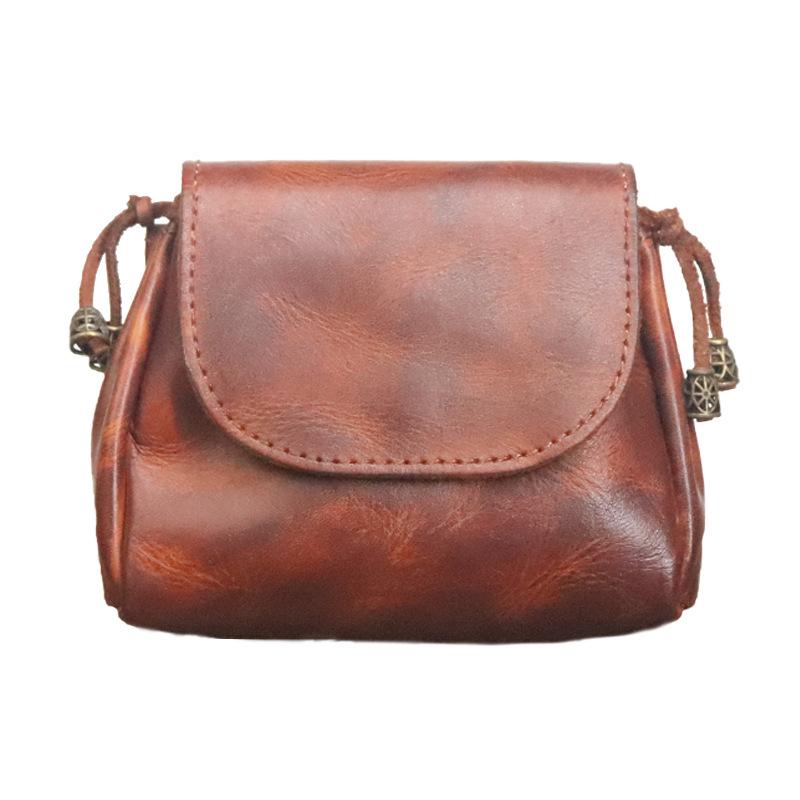 Hand Painted Vegetable Tanned Leather Coin Purse for Women, Vintage Chinese Style Layered Cowhide Leather Key Bag, Headphone Storage Bag