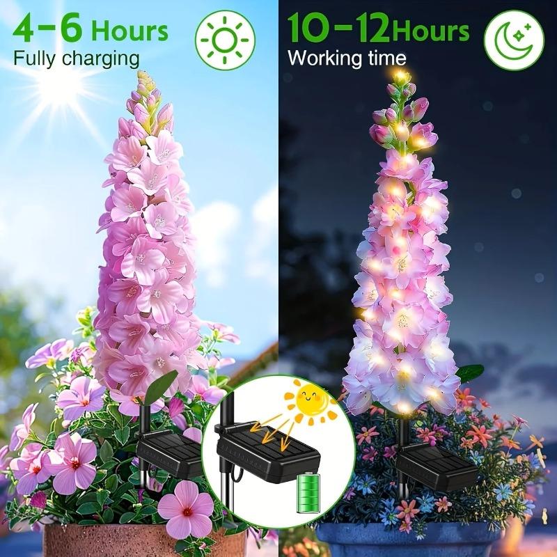 Solar Delphinium Flower Garden Lights Outdoor Waterproof LED Stake Lamp for Yard Lawn Patio Pathway Landscape Decoration