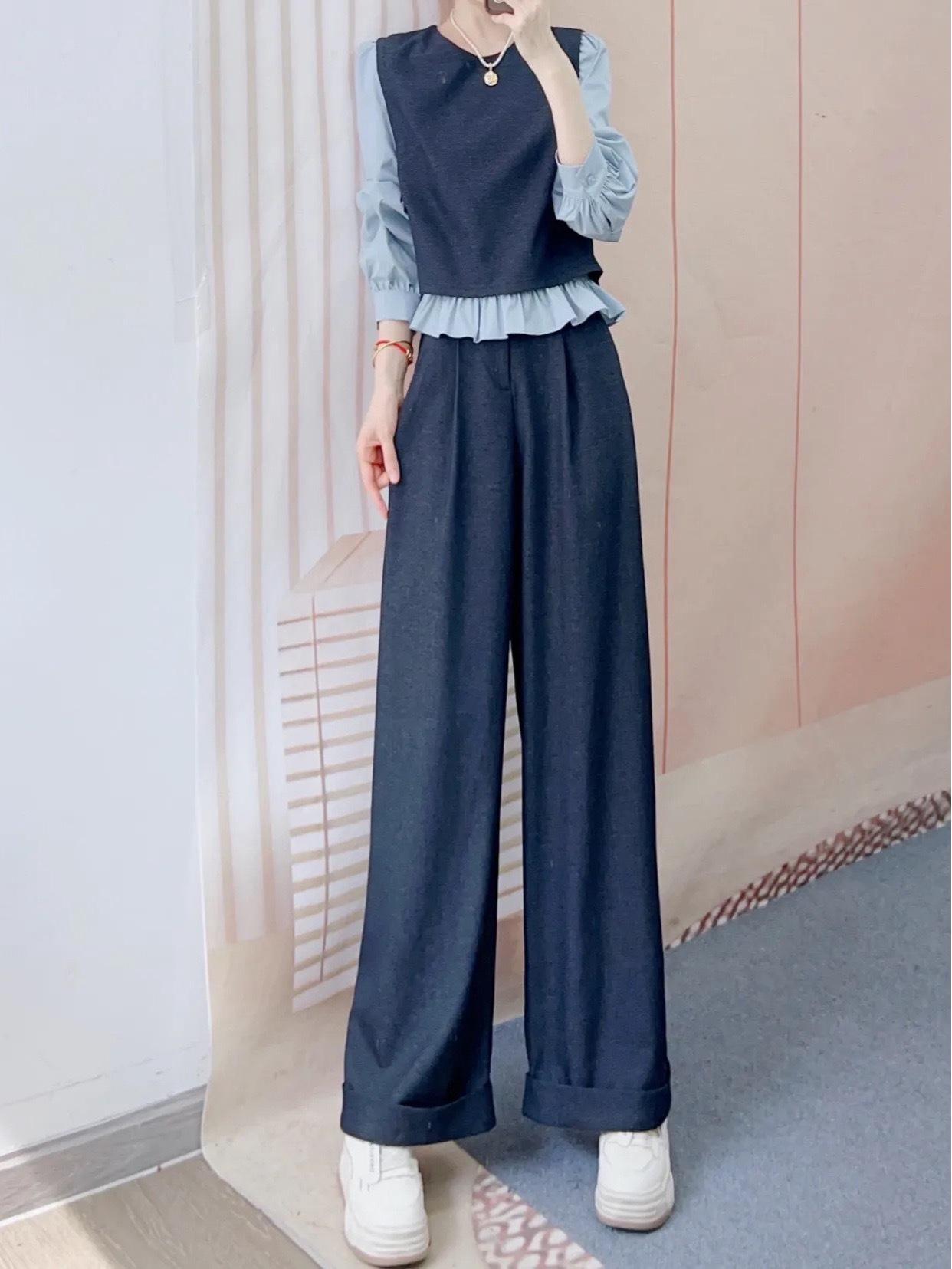 

2026 Korean Style Patchwork Two-Piece Set: Fake Layered Top + Wide-Leg Pants M (45-54 kg) джинсовый синий
