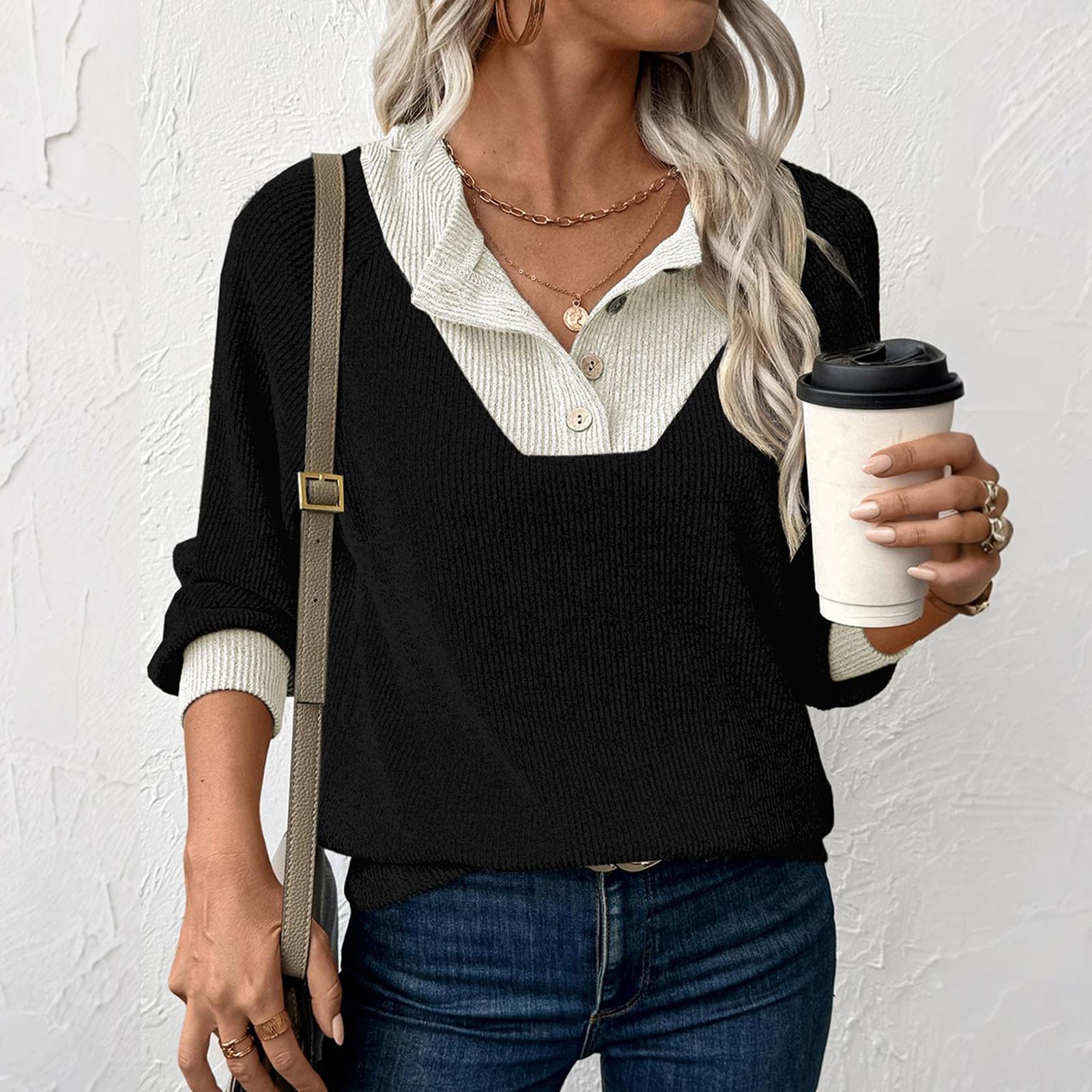 

Женский пуловер с лацканами, модный топ контрастного цвета со строчкой XL