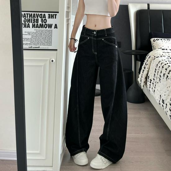 

Unisex Retro Black Wide-Leg Baggy Jeans - Lazy, Loose Fit, Floor-Length Large чёрный