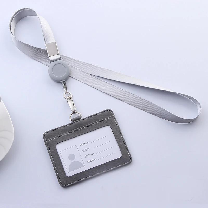 Retractable Lanyards ID Badge Holder Leather Bank Bus Pass Card Case Cover Men Women's Bank Credit Card Holder Strap Cardholder