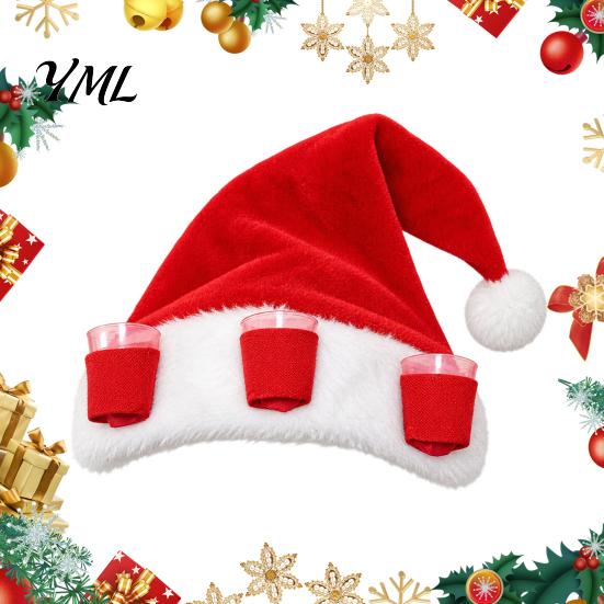 Christmas Drinking Accessories Plush Hat with Drink Holder, Adults Velvet Santa Claus Red White 3 Cups, Xmas Cap for New Year Holiday Party Winter