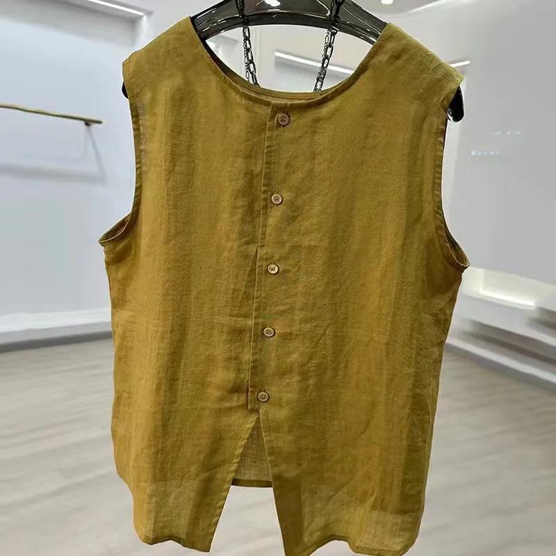 Sleeveless Cotton and Linen Shirt Women's Summer Round Neck Vest Design Shirt Fashionable Loose Belly-covering Thin Top