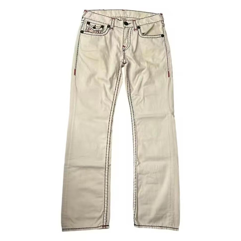 FlowStreet Harajuku Vintage Y2K Vita Jeans Herr och Dam Gotiskt Punkbroderimönster Låg Midja Löst Sittande Jeans Trendiga Nya Streetwear