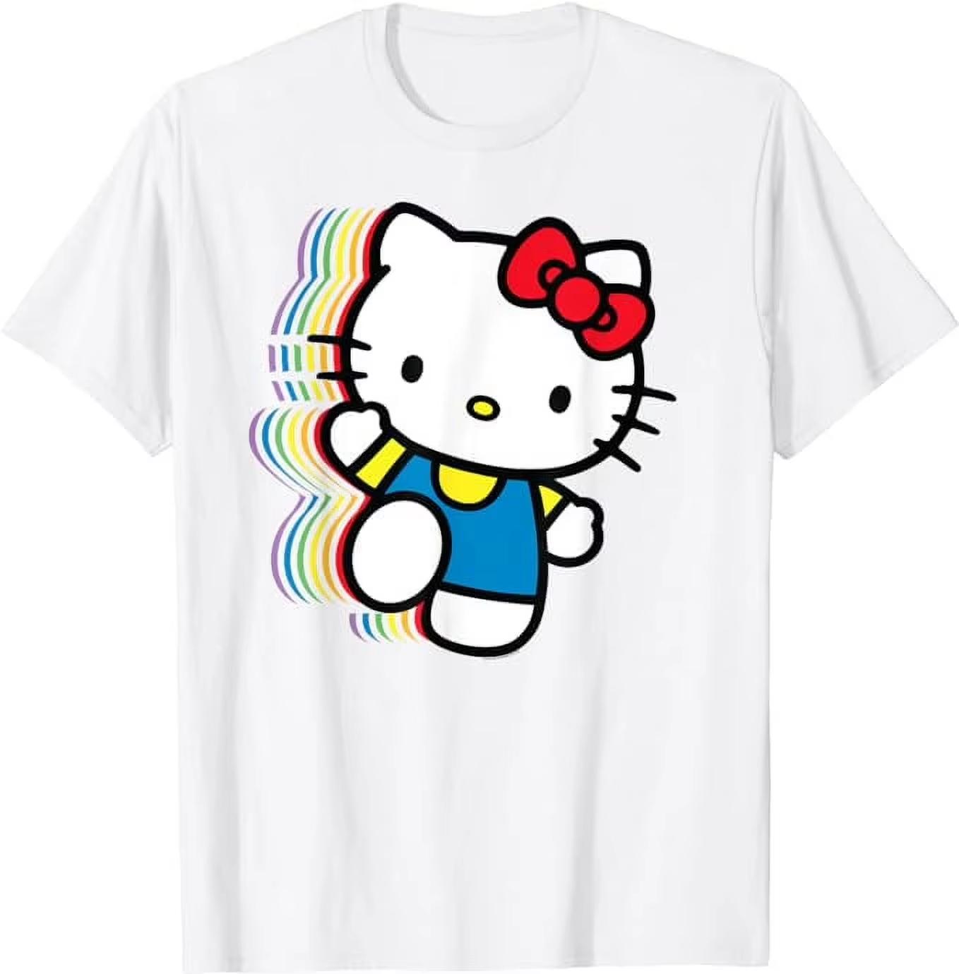 

2026 Summer Hello Kitty Rainbow Shadow Dynamic Printed Oversized Loose Comfortable summer loosefitting Womens clothing S