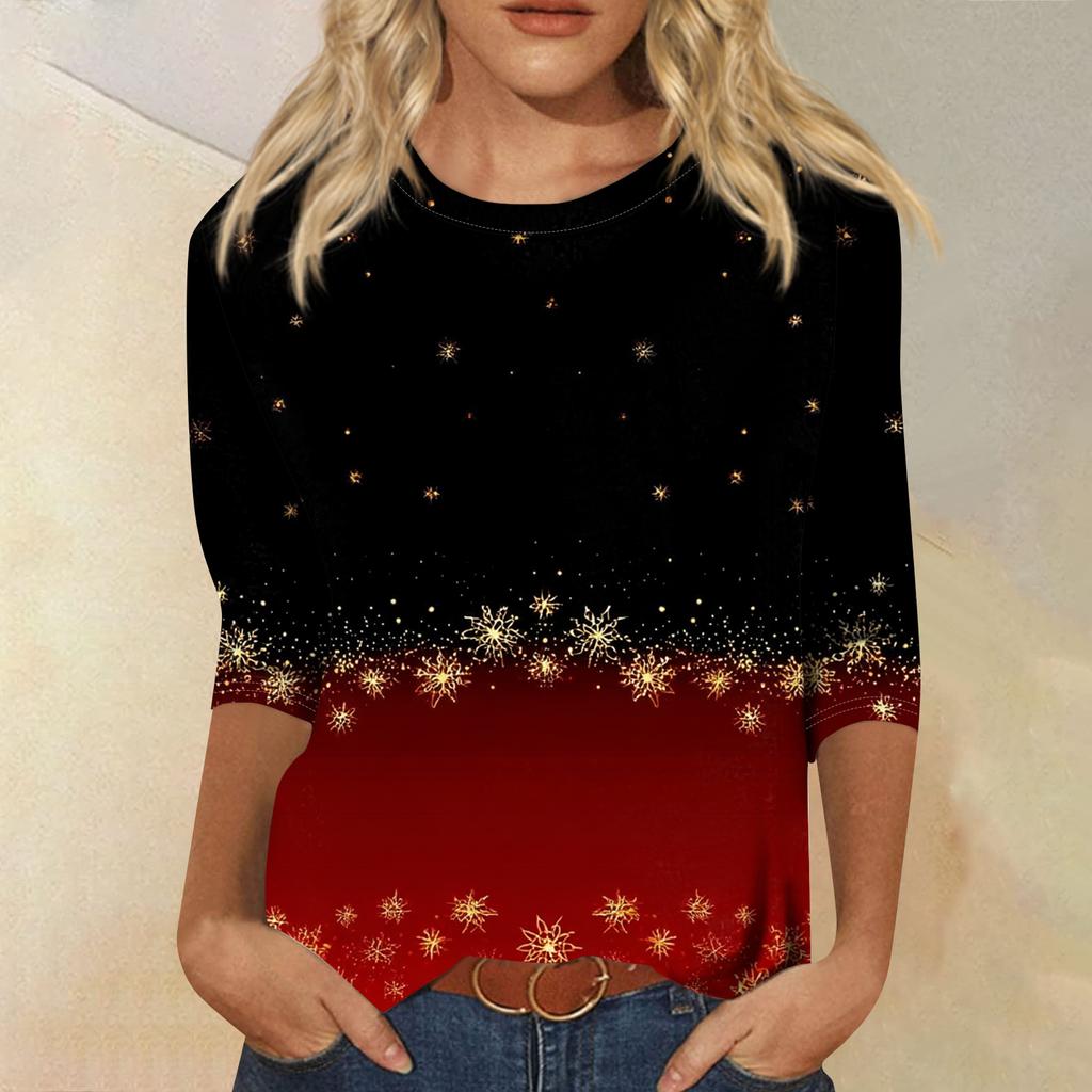 Women's Fashion Casual Round Neck 3/4 Sleeve Loose Printed T-Shirt Ladies Top