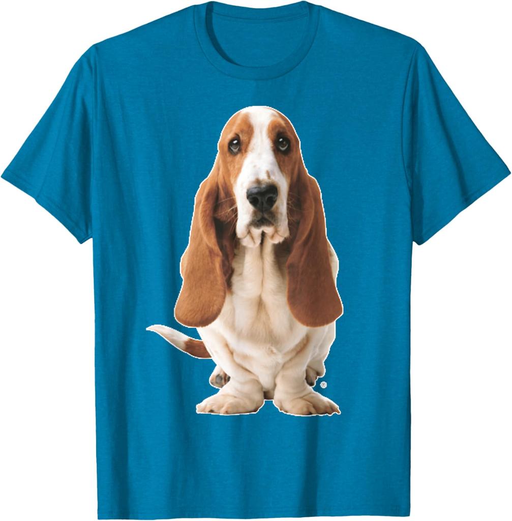 Basset Hound Dog Sitting Graphic Tee Breathable Cotton Casual Short Sleeve T-Shirt for Men