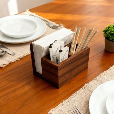 Silverware Holder with Napkin Wood Container Utensil Box Flatware Organizer for Dining Room