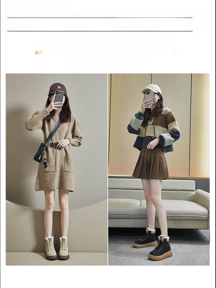 Ghete de iarnă înalte pentru femei, coreene, cu talpă groasă și căptușeală din pluș, 2024 (Model K2509)