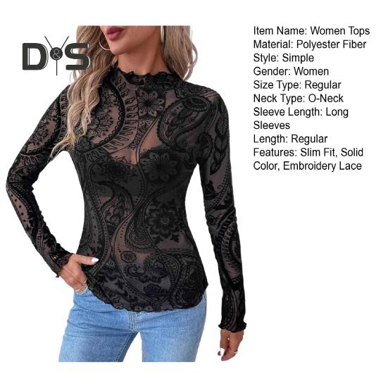 Damen Tops Rundhals Langarm Slim Fit Frühling Herbst Pullover Tops Durchsichtiges geometrisches Spitzenblumennetz T-Shirt