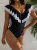 2025 European American Black & White Ruffled Slimming One-Piece Swimsuit - Fairy Style