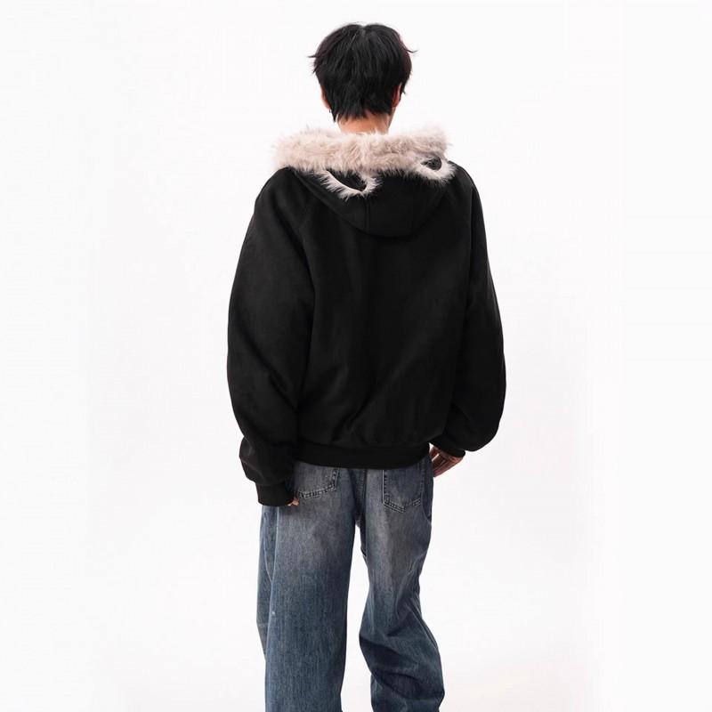 Unisex Winter Hooded Cotton Puffer Jacket With Faux Suede Collar Fleece Lining Oversized Fit