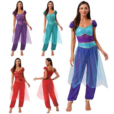 Damen Arabische Prinzessin Kostüm Kontrastfarbe Edelstein Dekor Pailletten Tüll Überrock Ärmelloser Jumpsuit Bauchtanz Einteiler