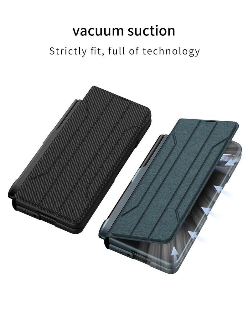 Samsung Z Fold5 Leather Flip Case with Pen Slot - Foldable Screen Protective Cover