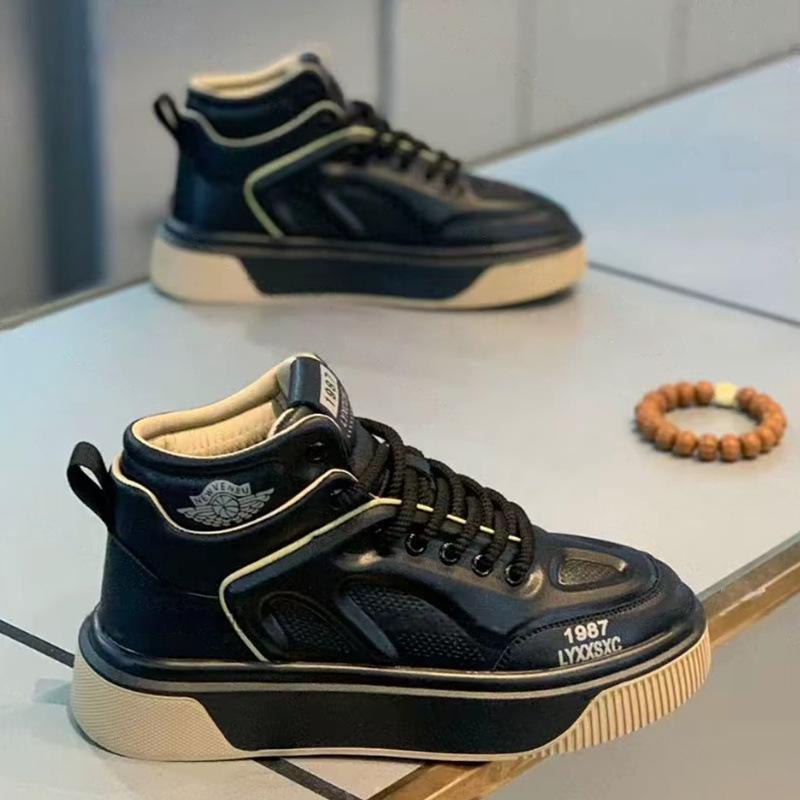 Winter new thick-soled high-top board shoes single cotton leather perforated casual shoes ok