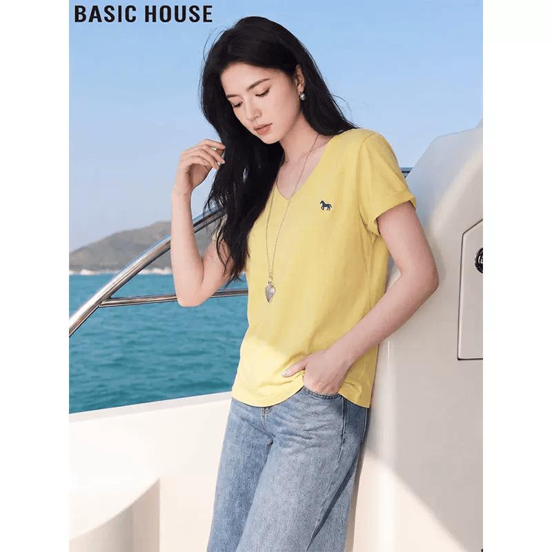 Basic House Women s Embroidered V-Neck Short Sleeve T-Shirt One Size