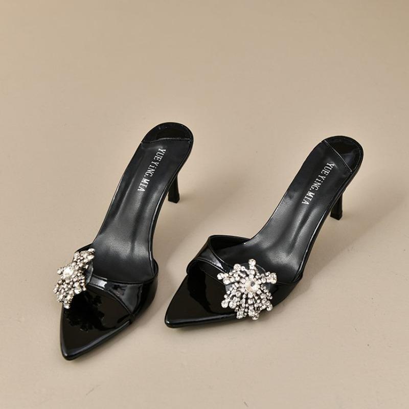 Fashion Star style Luxury Rhinestones Flowers PVC Women Slippers Sandals Elegant Thin High heels Mules Slides Fashion Summer Party Shoes