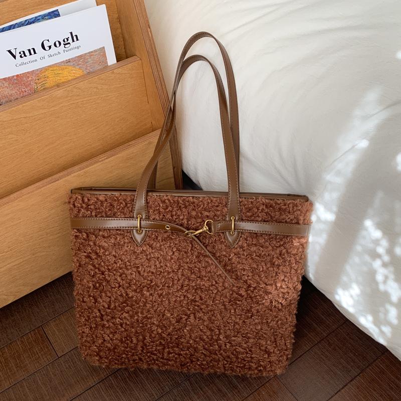 

Coffee Lamb Woolen Handbag Designer Faux Fur Shoulder Bag Brown bolsa feminina Large Capacity Top Handle Tote Big Shopper Bags 50cm)) кофейный