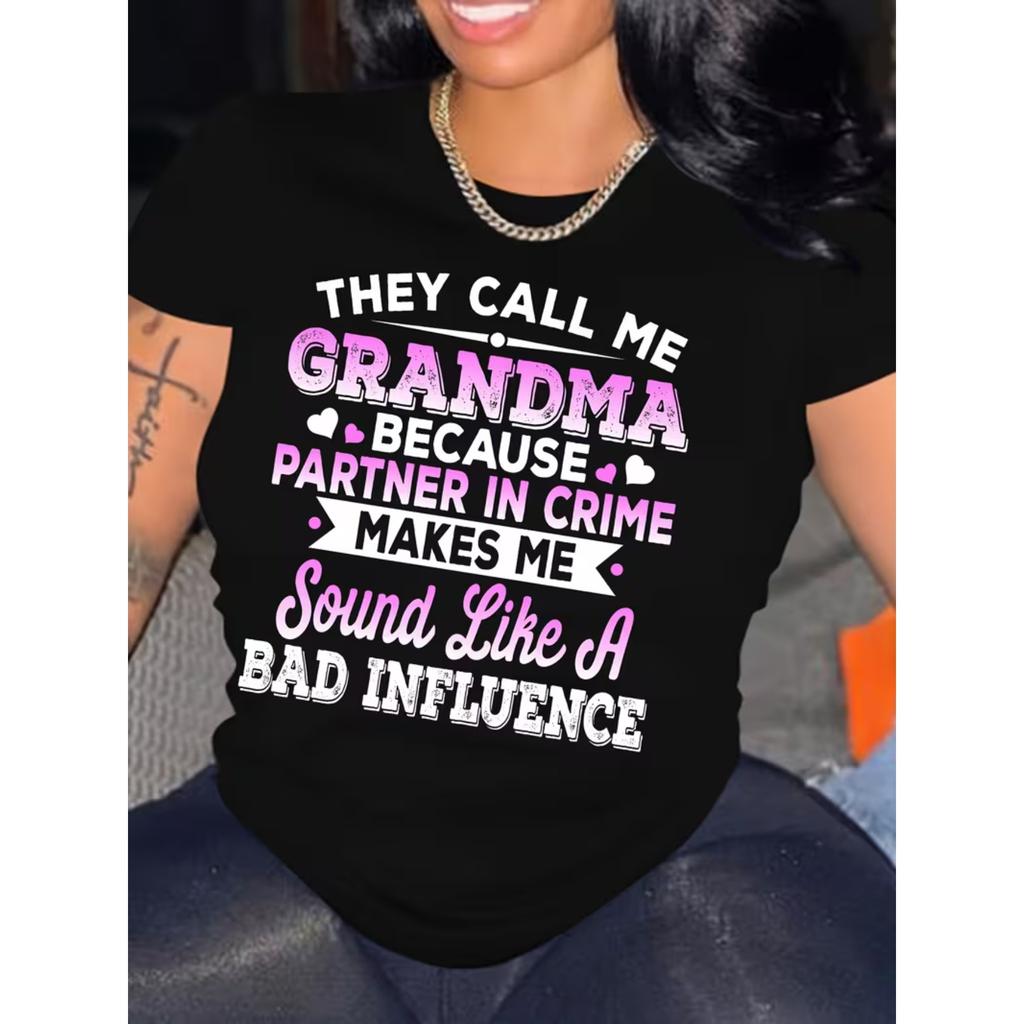 Grandma Print Crew Neck T-Shirt, Casual Short Sleeve Top for Spring & Summer, Women's Clothing