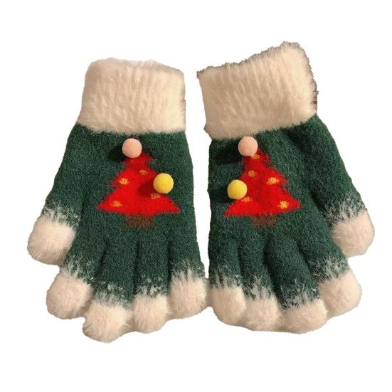 Knitted Christmas Gloves Unisex Christmas Tree Pattern Gloves Winter Touch Screen Fuzzy Gloves
