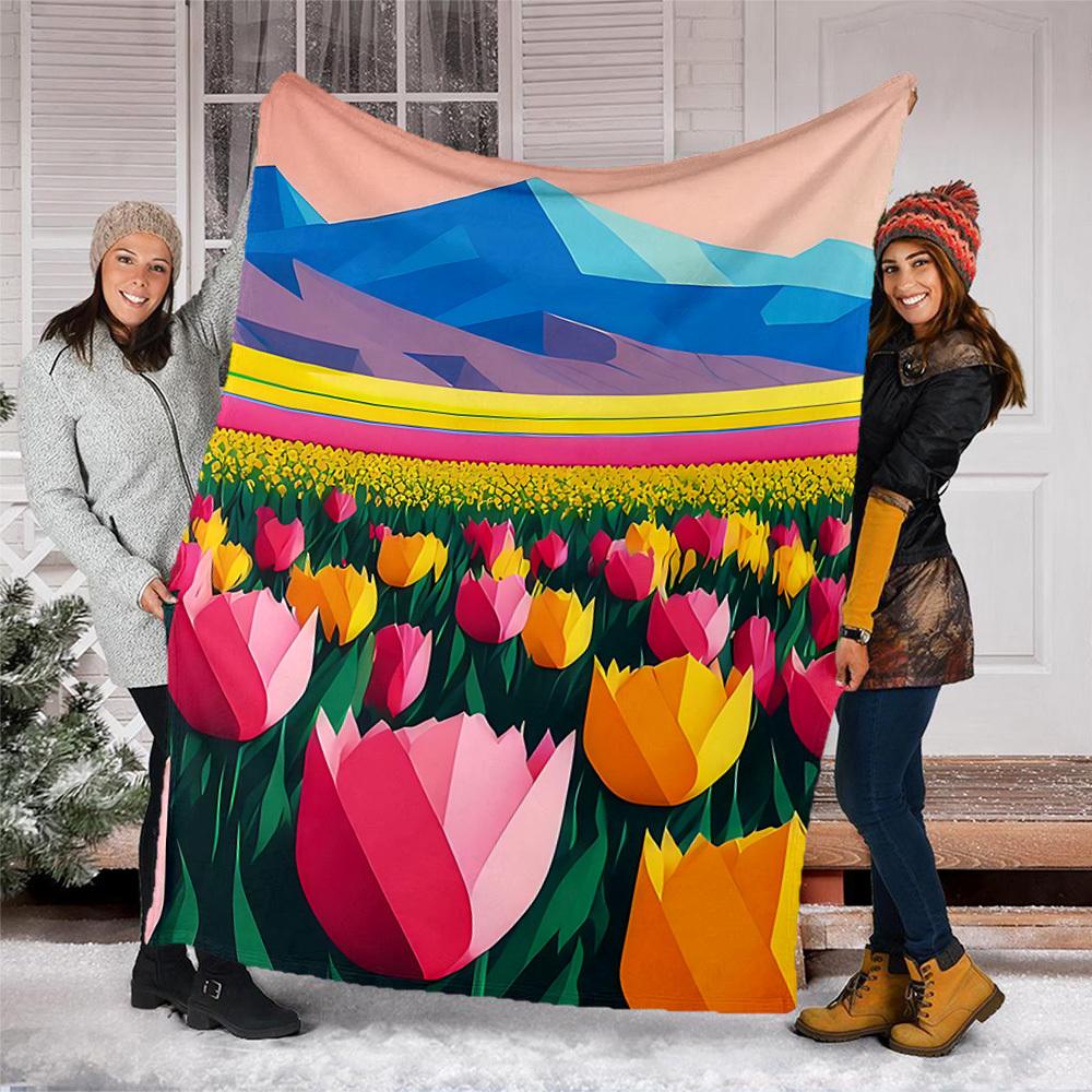 1pc Tulip Field Outdoor Flannel Blanket Soft All Season Polyester Throw , Perfect for Picnics & Travel , Picnic Accessory
