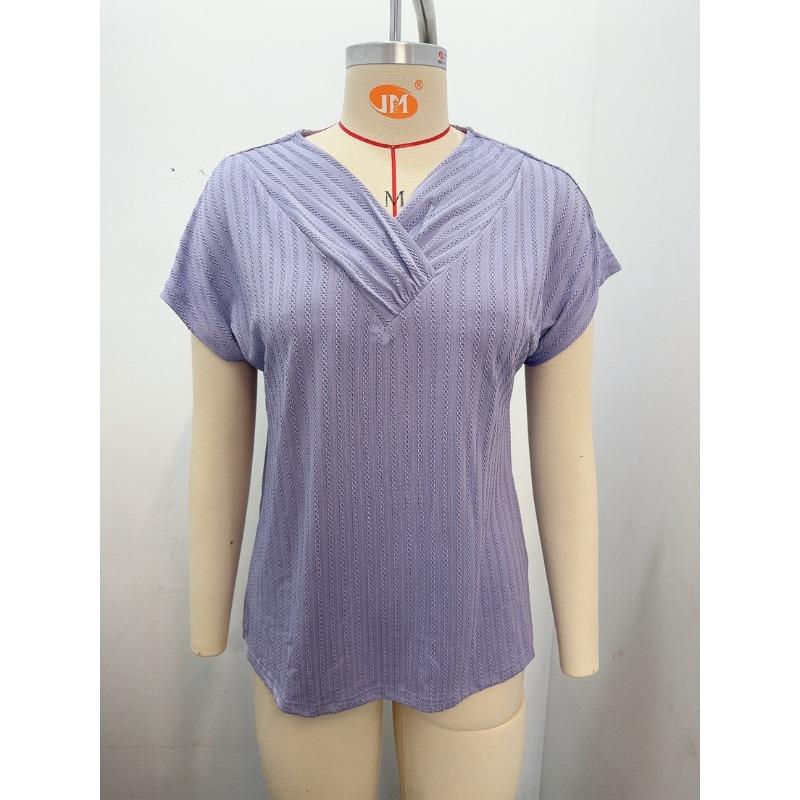 Textured V-neck Short Sleeve Top Women's T-shirts